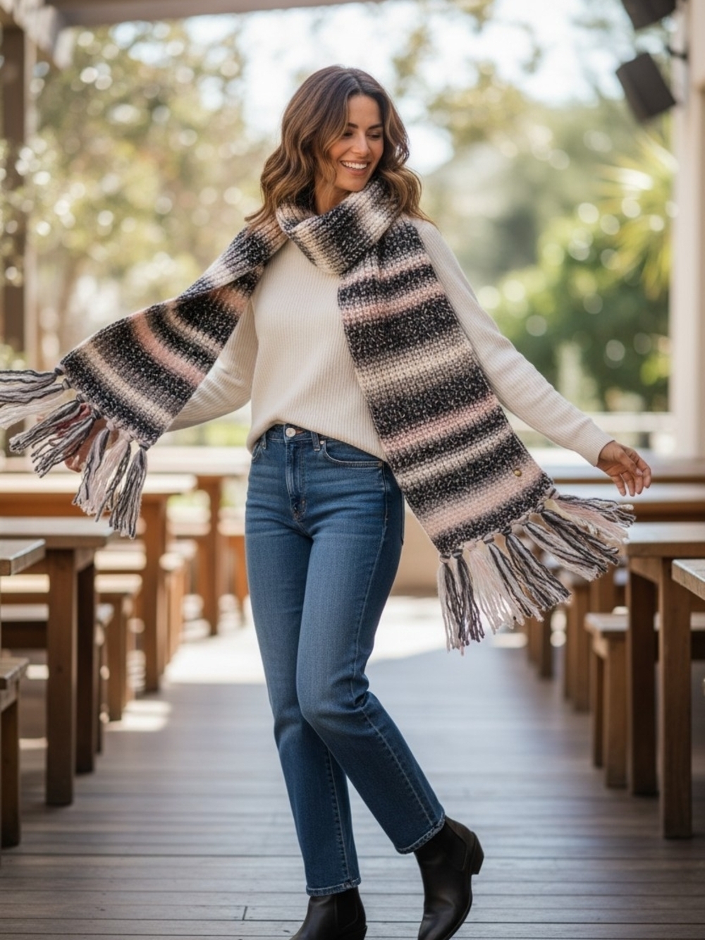 kate spade Striped Knit Scarf in Black, Cream & Pink